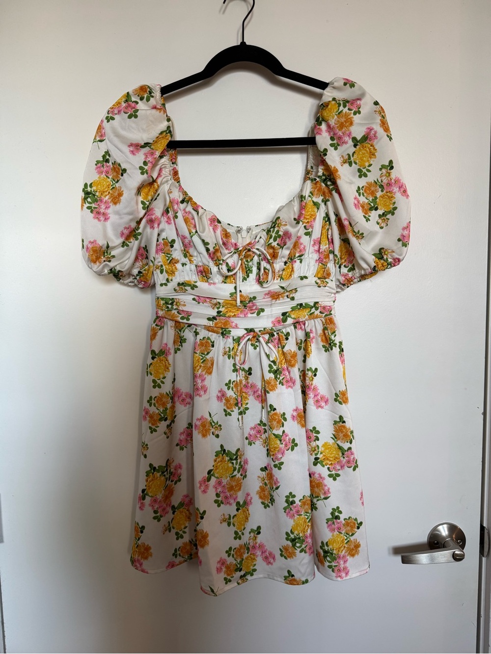 For Love & Lemons White Floral Puff Sleeve Mini Dress